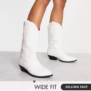 ASOS DESIGN Wide Fit Andi flat western knee boots in white
